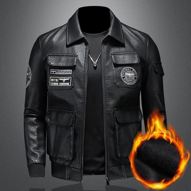 Spring and Autumn New Military Style Aviator Leather Jacket Men's Large Size Slim Lapel Embroidered Men's Leather Jacket