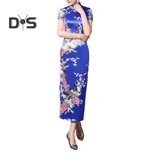 Women Dress Chinese National Style Floral Print Stand Collar Short Sleeves High Side Split Chinese Knot Buttons Cheongsam Satin Silky Slim Fit Summer