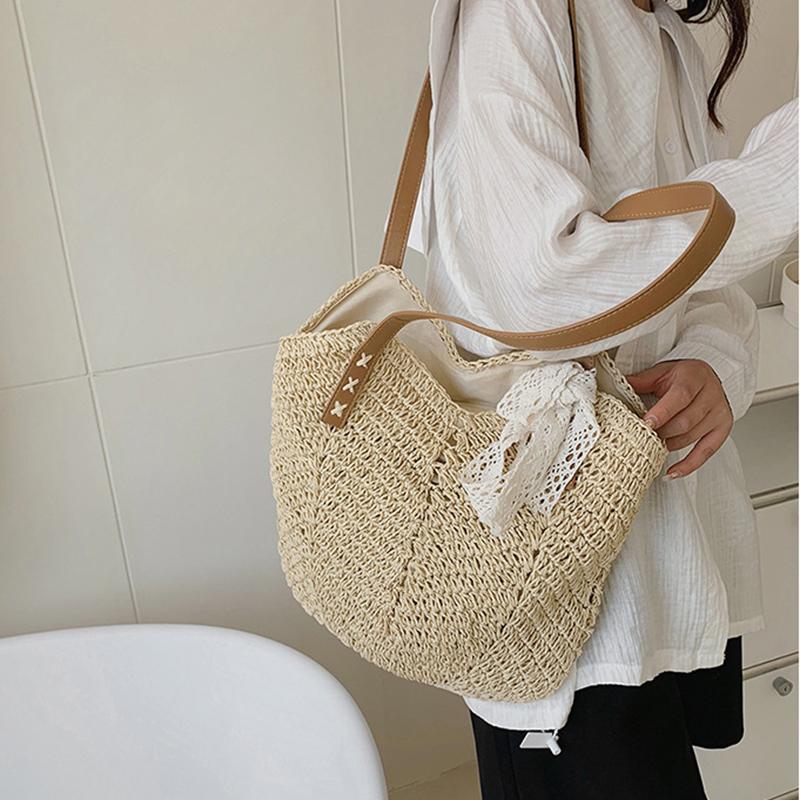 Yogodlns Повседневная соломенная сумка через плечо для женщин, полая тканая пляжная сумка из ротанга