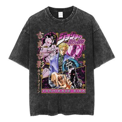 Футболки с изображением Киры Йошикаге из аниме JoJo Bizarre Adventure, летние, винтажные, с эффектом потертости, для мужчин и женщин, повседневные, из хлопка, с коротким рукавом.