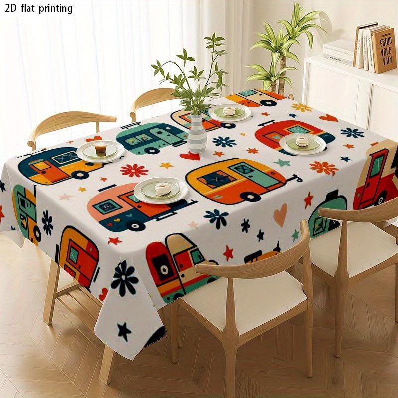 1pc Soft Fashionable Aesthetic 2D Flat Tablecloth, Machine Washable And Easy to Clean, Vintage Camper Van Pattern, Multicolor Cartoon Style Multifunct