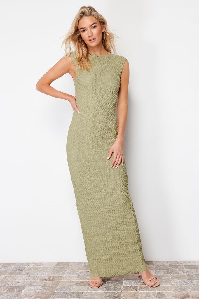 Women's Style Dress Black Textured Fabric Fitted Moon Sleeve Knitted Stretchy Midi Pencil Dress