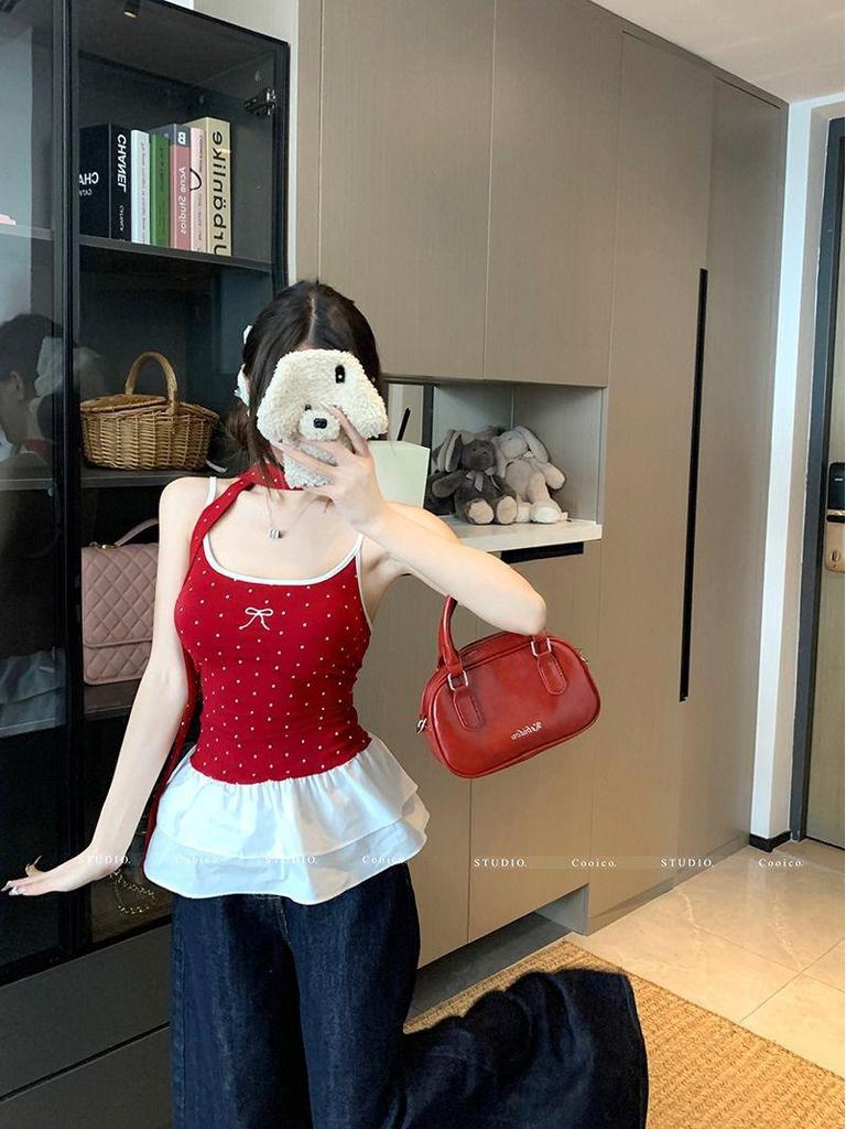 Women's Polka Dot Bow Camisole – Summer Ruffled Patchwork Top