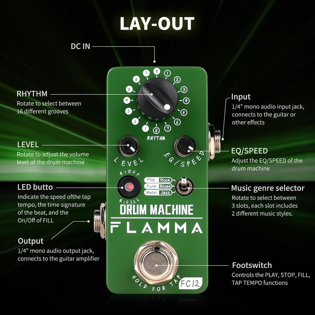 Драм-машина FLAMMA FC12 с функцией FILL Гитарная педаль барабанщика 6 типов музыки До 48 барабанных дорожек Функция Tap Tempo Эквалайзер Preset Drummer Green Real-time