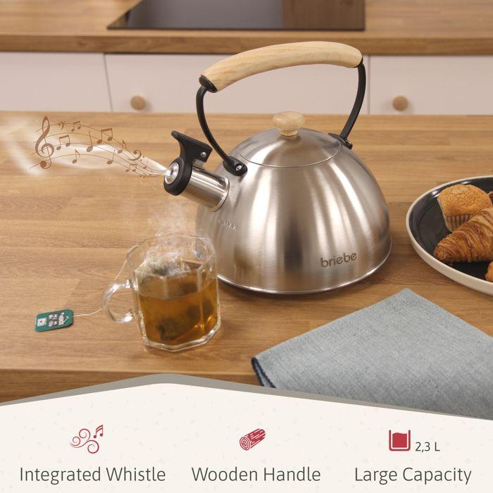 Bouilloire à Induction Théière Sifflet 2,3L Acier Inox. Retro, Poignée en Bois Briebe Wooden Inox