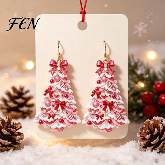 Holiday Party Jewelry Christmas 2D Acrylic Earrings, Colorful Tree Dangle Earrings with Bow Decorative Decor, Lightweight Drop Jewelry, Decorations