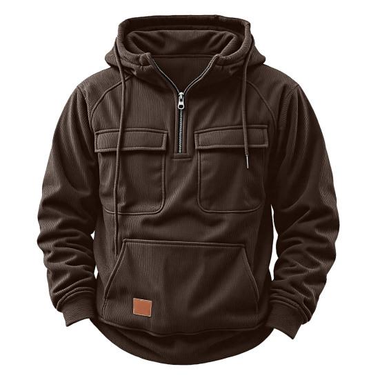 Men Hoodie Zipper Half Placket Hooded Drawstring Long Sleeve Sport Tops with Pockets Solid Color Multi-Pocket Design Warm Sweatshirt