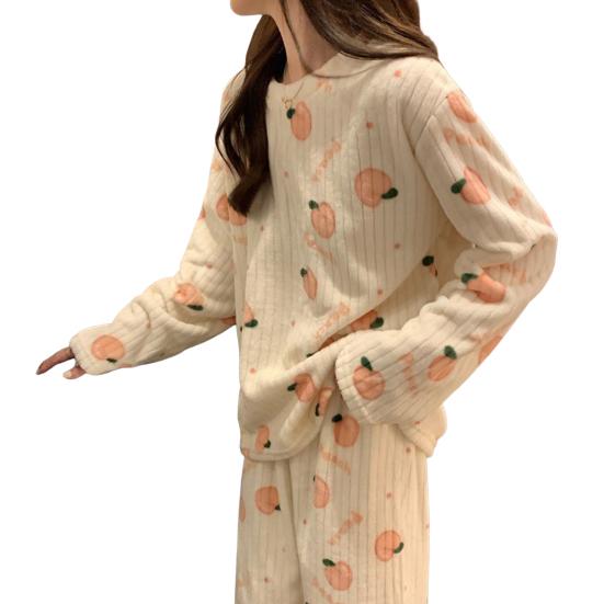 2 Pcs/Set Women Winter Pajamas Set Round Neck Cartoon Bear And Peach Pattern Long