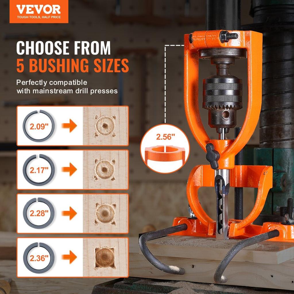 Mortising Attachment for Drill Press, 4 Model Drills Square Hole Chisel Set, Bench Drill Locator Set Mortise and Tenon Tools with 5 Bushings, for