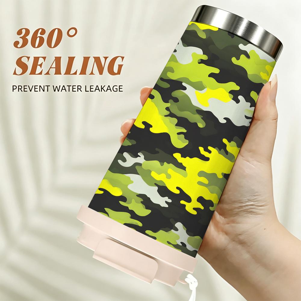 Neon Green Camo Pattern Stainless Steel Insulated Coffee Tumbler Vacuum Travel Mug Leakproof Reusable Cup for Outdoor Camping Commute