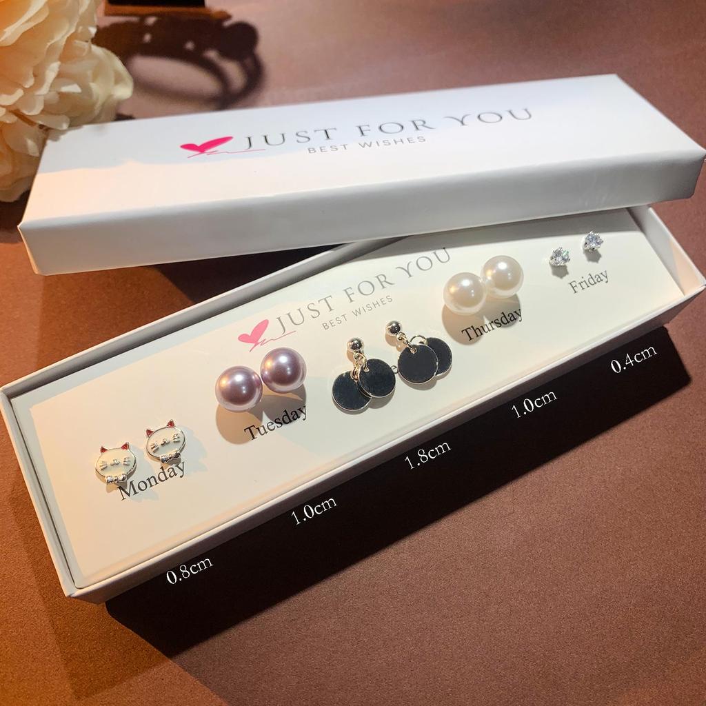 Набор серег-пуссетов в форме сердца с цирконом, цветком и жемчугом для женщин