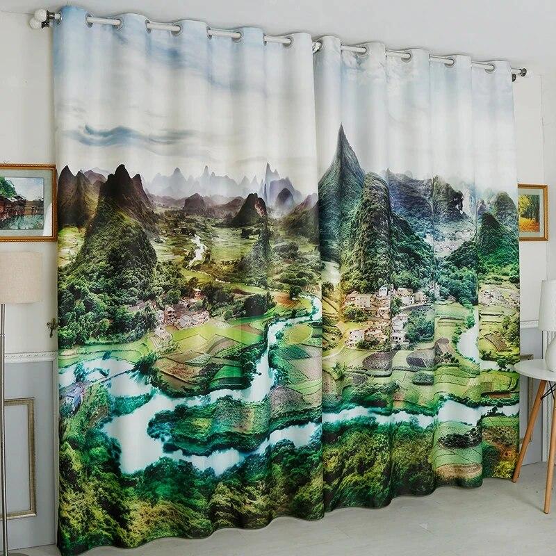 Занавеска с скандинавским пейзажем и высокой степенью затенения, снежная гора, зеленый лес, закат, цветы, затемненная драпировка для отеля, спальни, гостиной, залива, новинка