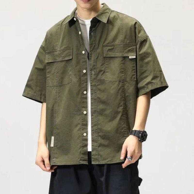 Trendy Korean-Style Men's Military Green Short-Sleeve Workwear Shirt