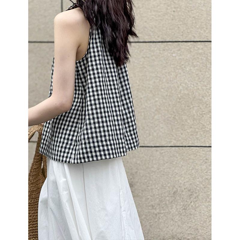 Ретро клетчатый топ-камезоль на халтере, черно-белый, весна/лето 2025