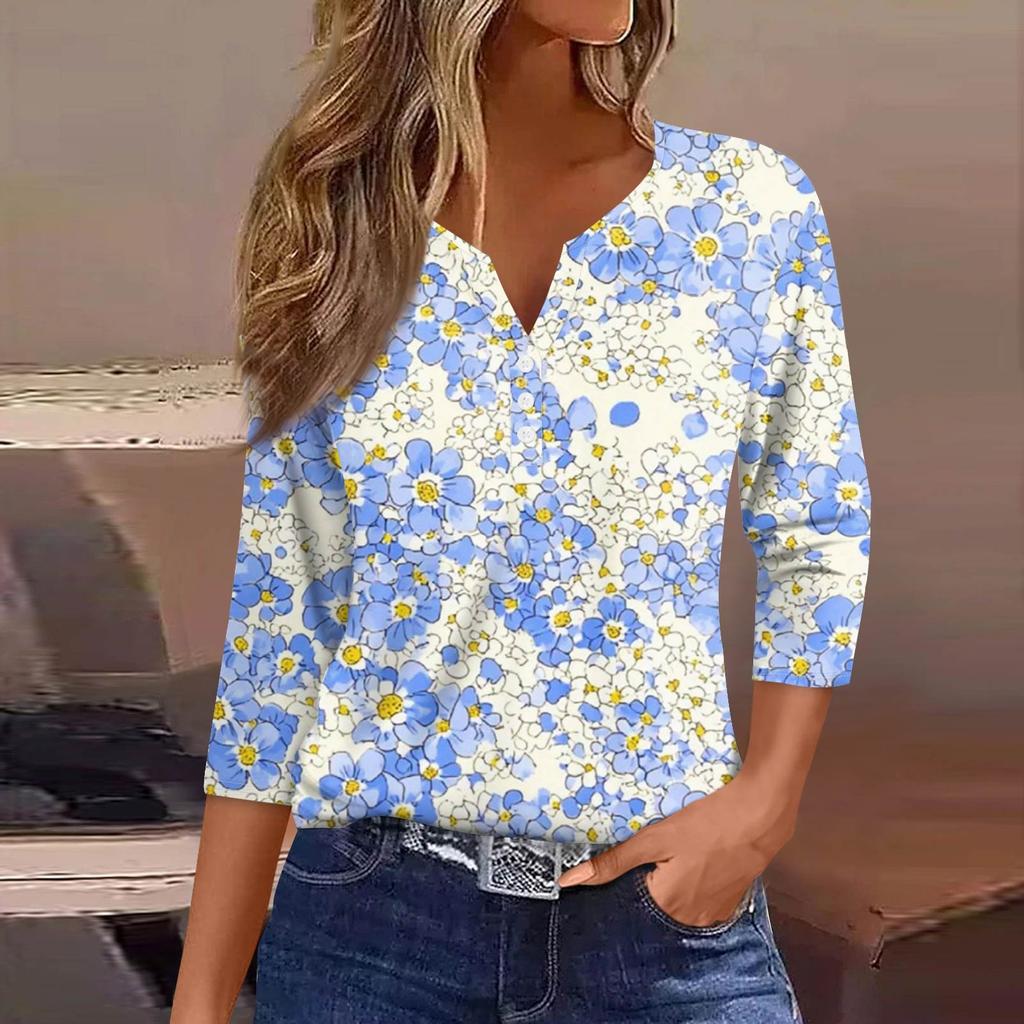 Women's T Shirt Print Button 3/4 Sleeve Daily Weekend Fashion Basic V- Neck Regular Top