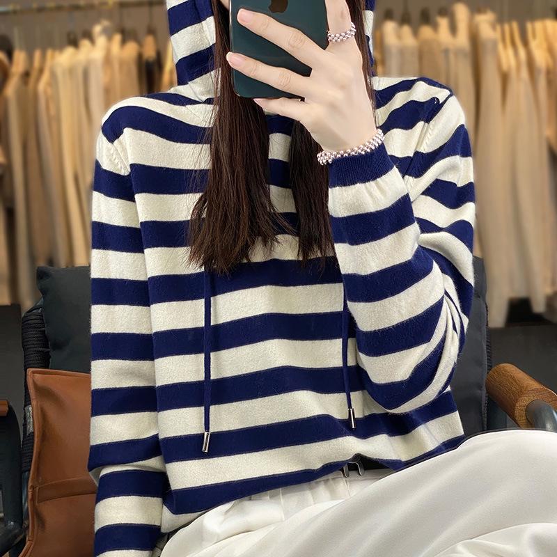 Women's Loose-Fit Striped Hooded Knit Sweater - Korean Style Casual Autumn Winter Sweatshirt