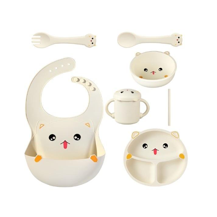7-Piece Silicone Baby Feeding Set, BPA-Free, Cute Cat Design, Toddler Plate Set with Suction Base, 12M+, 30x25x6cm, Beige Fitilomania