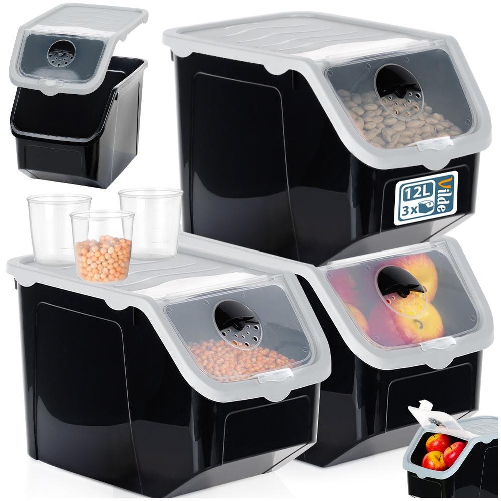 Vegetable And Fruit Container With Lid, Black, 12 L, 3 Pcs.