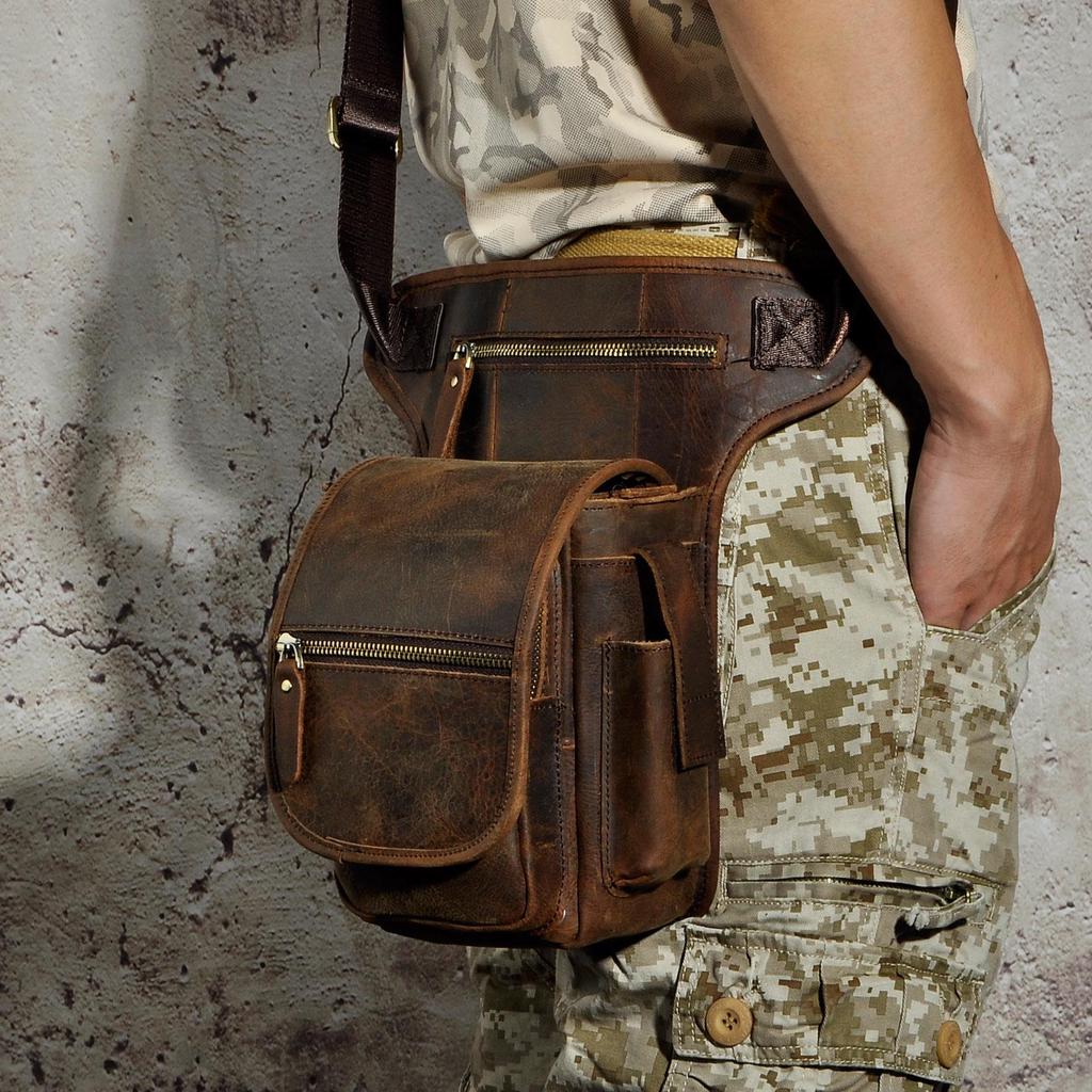 Genuine Leather Men Casual Messenger Shoulder Sling Bag Fashion Multifunction Drop Leg Bag Waist Pack