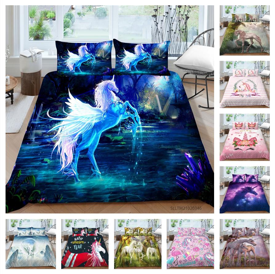 Unicorn Bedding Single Double Bed Full-size Cartoon Unicorn Printed Pillowcase and Quilt Cover 2 or 3 Home Decoration for Girls and Children's Room