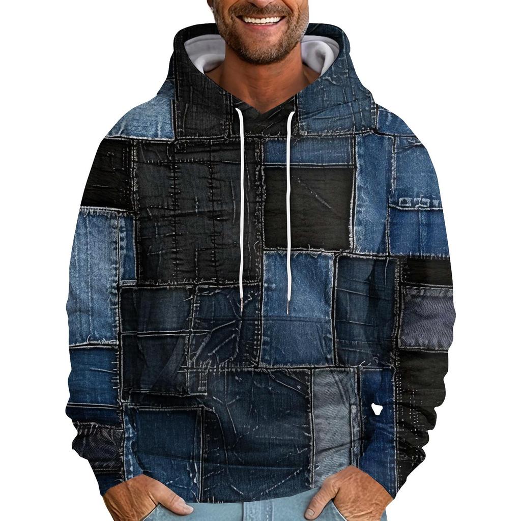 Men'S Loose Ethnic Style Imitation Denim Patchwork 3d Printed Hooded Sweatshirt Casual Fashion Sports Sweatshirt