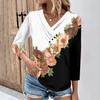 Womens 3/4 Sleeve Daily Weekend V Neck Casual Printed Tshirts Loose Fit Pleated Tees Ladies Blouse