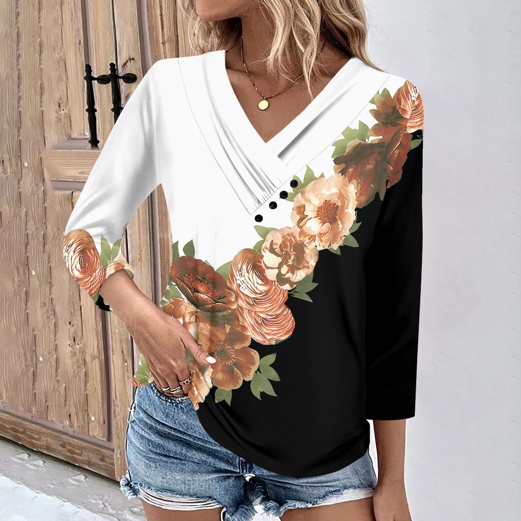Womens 3/4 Sleeve Daily Weekend V Neck Casual Printed Tshirts Loose Fit Pleated Tees Ladies Blouse