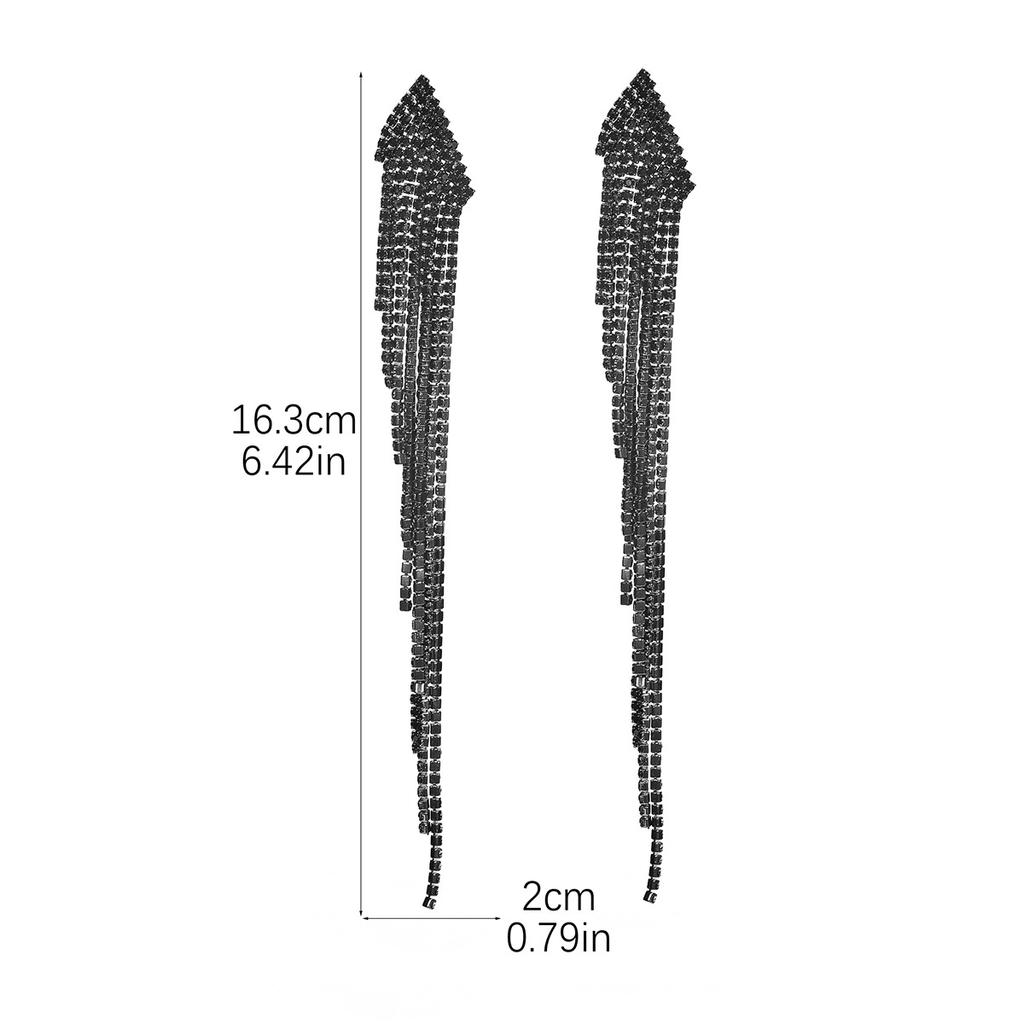 Black Rhinestone Electrophoresis Tassel Long Earrings Temperament Luxury Shiny Earrings Female Earrings Jewelry 1 Pair