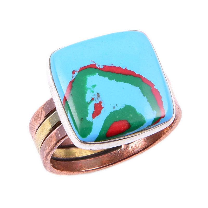 Natural Rainbow Calsilica Gemstone 925 Solid Silver Two Tone Ring Size 9US y8l20