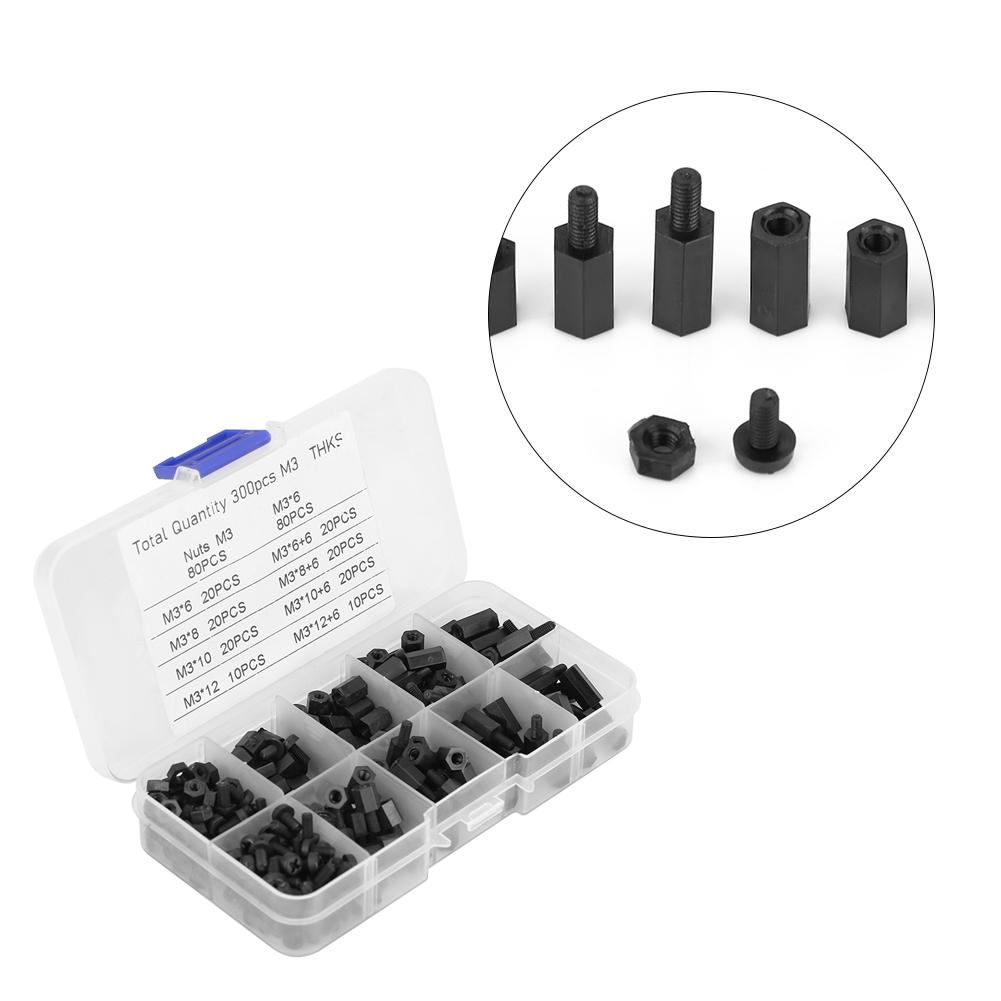 M3 Standoff Kit Nylon Black 300PCS Assortment Set Male Female Screw Nut Spacer for PCB Motherboard Circuit Board Mounting Hardware Electronic Pro