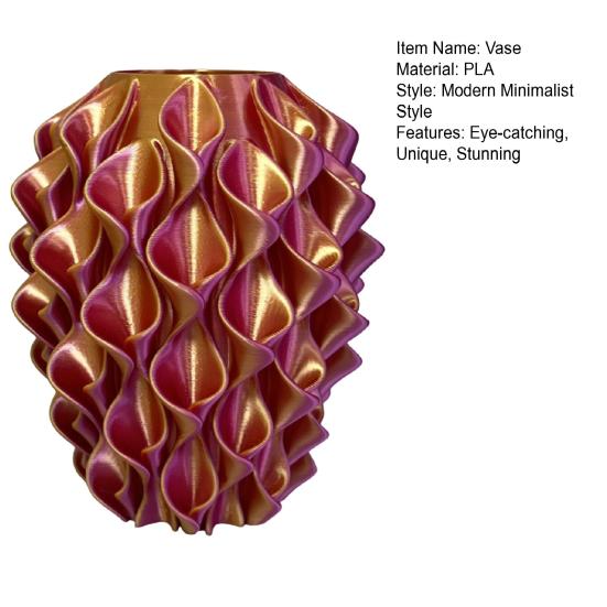 3D Printed Red Gold Flower Vase Sculptural Wave Geometric Textured Decorative