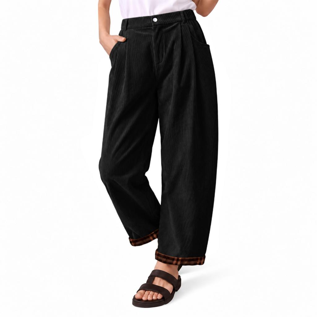 Women's Casual Corduroy Wide Leg Pants, High Waist Pleated Trousers with Back Elastic Waist and Cuffed Hem for Everyday Wear