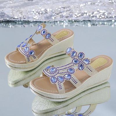 Модные женские сандалии Летние модные сандалии на высоком каблуке Хрустальные повседневные туфли Высокие каблуки Стразы Толстая подошва Клинья Шлепанцы