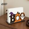 Indoor Halloween Ornaments Wooden BOO Napkin Holder, Cartoon Ghost Pumpkin Witch Hat Paper Towel Window Display Ornament Wood Table Centerpiece