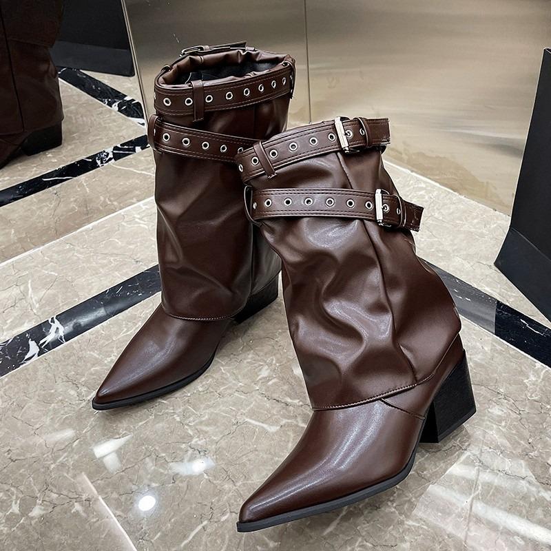 Autumn Mid-Cone Boots Fashion Pointed Toe Sleeve Non-Slip Wear-Resistant Block Heel