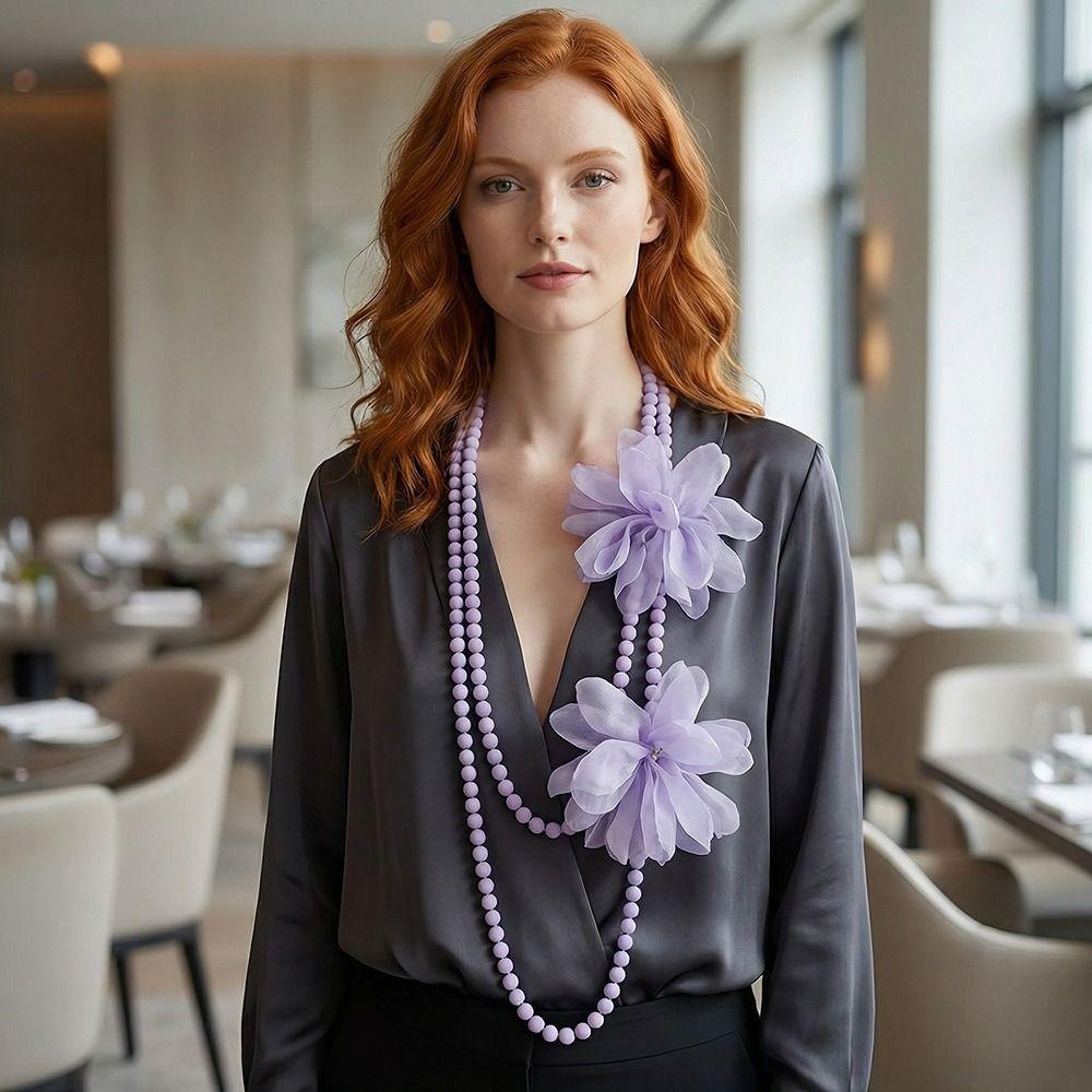 Flower Designing Long Necklace Elegant Style Belly Jewelry Pearls Accent Necklace  Daily Accessory