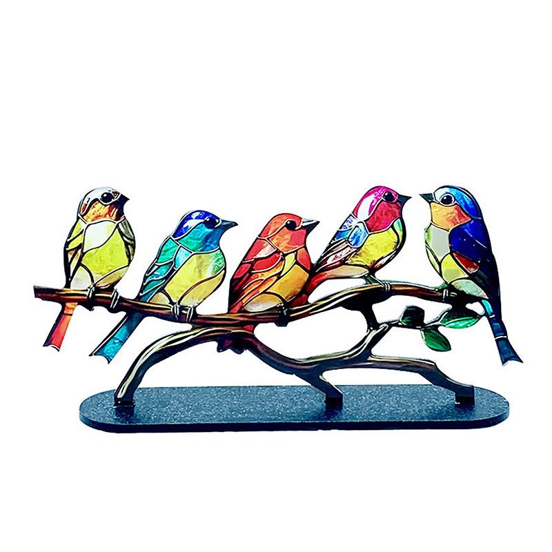 Stained Acrylic Birds On Branch Desktop Ornaments, Double Sided Multicolor Style Birds Craft Statue Desktop Ornaments