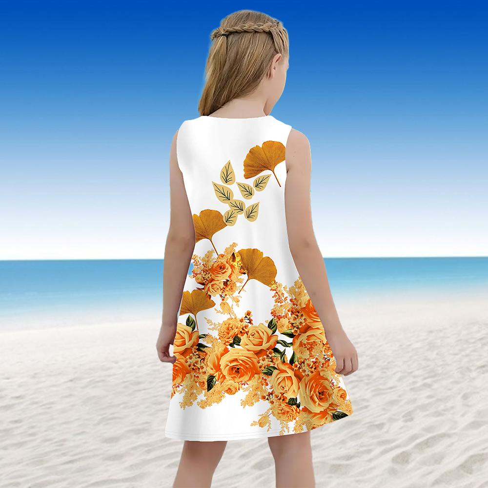 Платье для девочек Без рукавов 3D Желтые увядшие цветы с принтом Лето Повседневные Милые повседневные милые дети Платье трапециевидной формы Платье-майка
