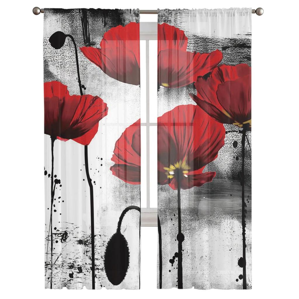 Тюль с рисунком мака и красным цветком, тюлевые шторы для гостиной, спальни, современная вуаль, кухонные шифоновые прозрачные шторы