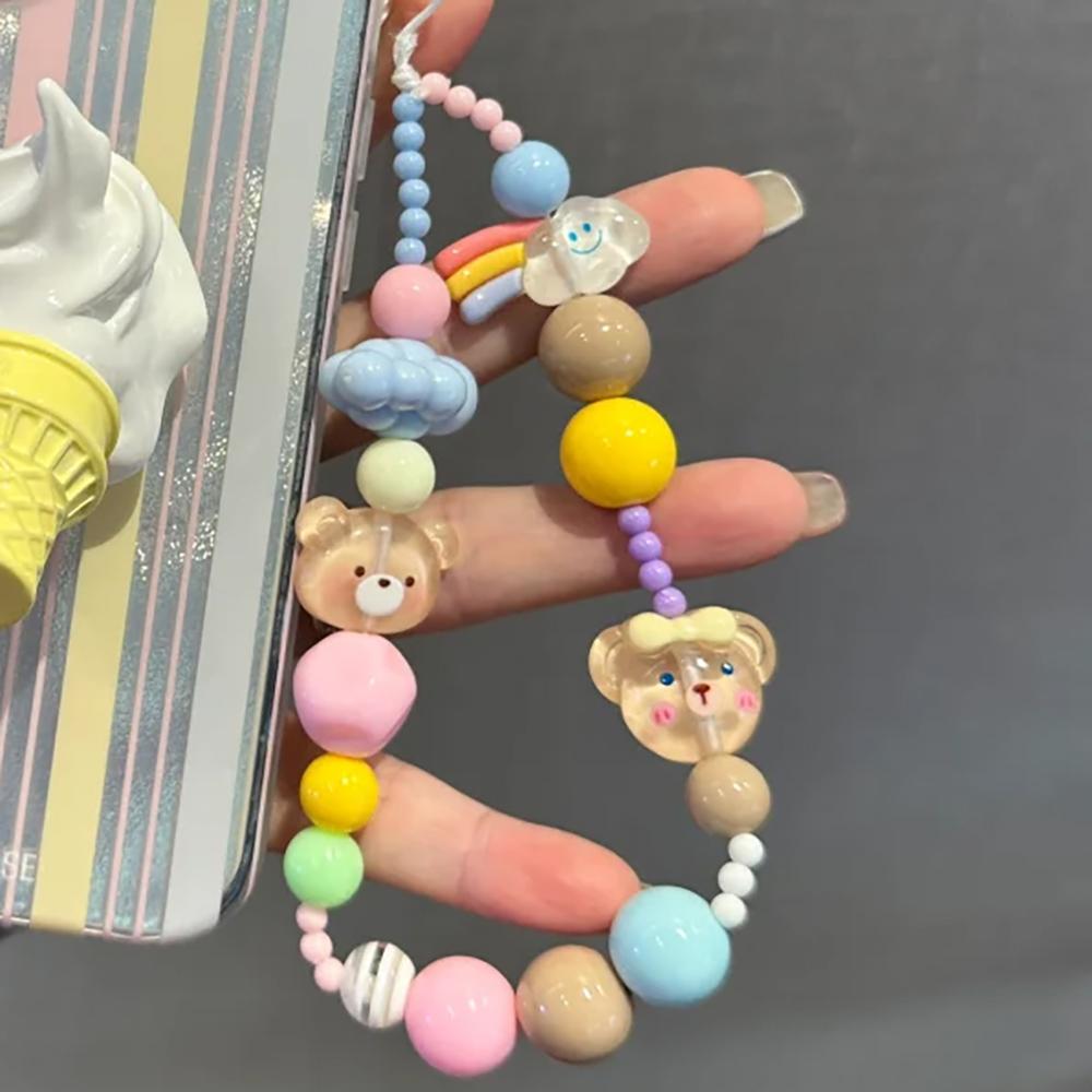 Kawaii Bear Colored Beaded Phone Charm Chain Keycord For iPhone Cute Clouds Camera Bag Jewelry Strap Gift Girl Hanging Cord Rope