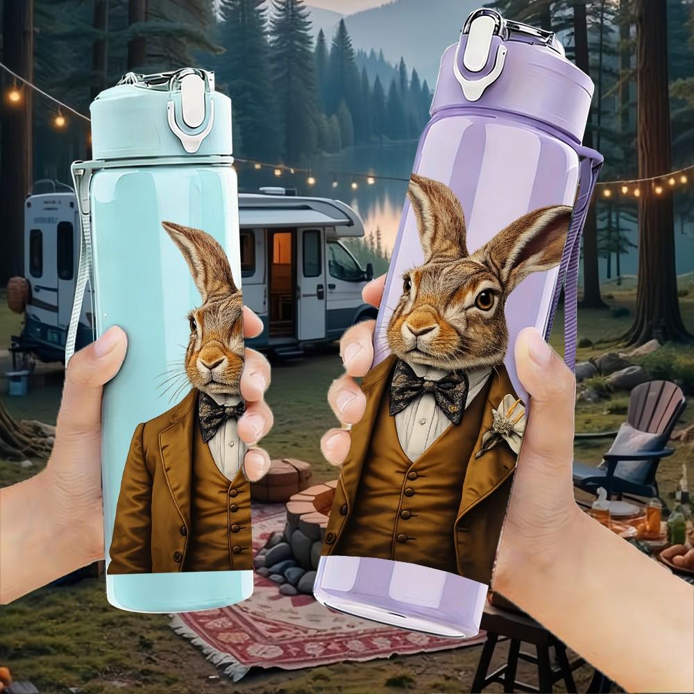 1PC Gentleman Rabbit Vintage Suit Print 750ml Color Plastic Sports Water Bottle Leakproof Flip Straw Lid Suitable for Sports Office Home Use