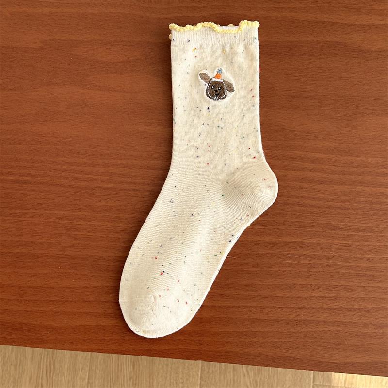 Female Spring and Autumn Embroidery Lovely Cartoon Animal Idea Yarn Aguel Edge In The Tube Pile Pile Socks