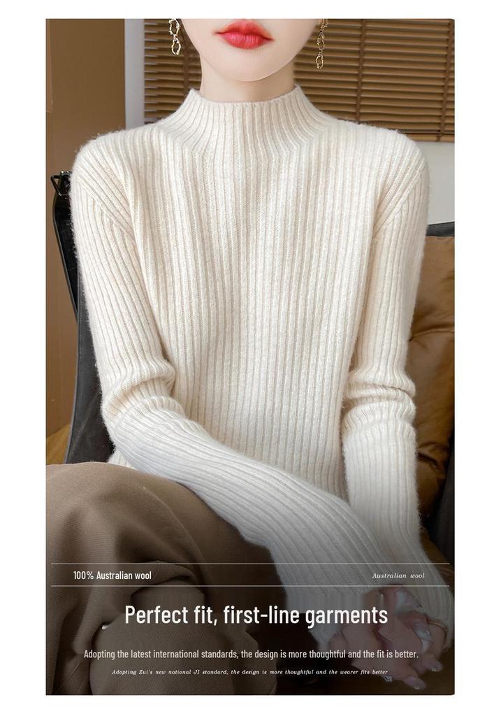 Women's 100% Pure Wool Half-High Collar Thick Knit Sweater - Warm Autumn/Winter Base Layer Pullover