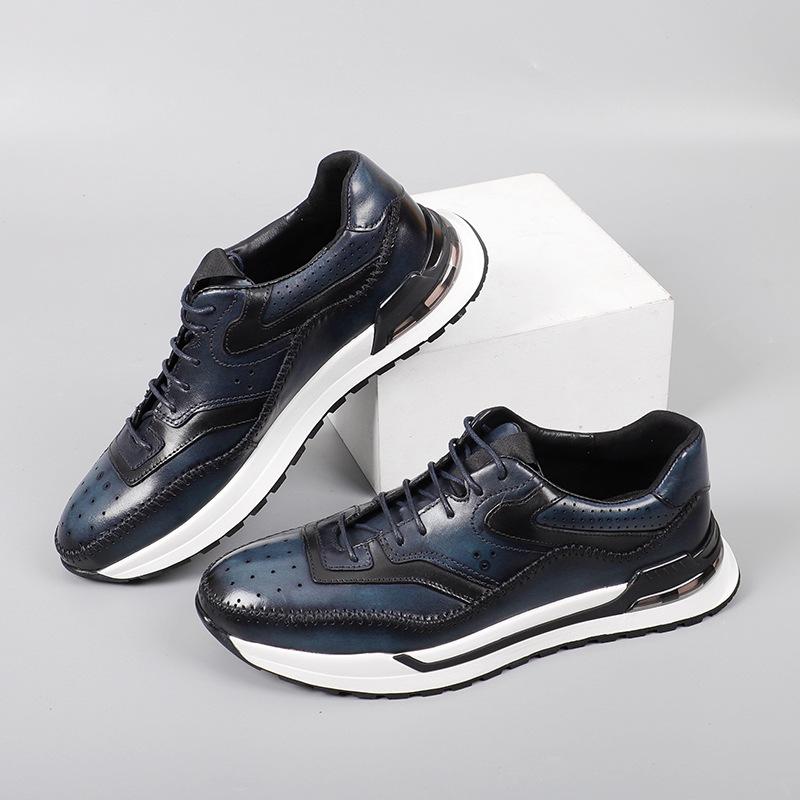 Высококачественная мужская повседневная обувь из натуральной коровьей кожи, модная европейская обувь 2024 года, осенние роскошные удобные однотонные кроссовки синего и коричневого цвета