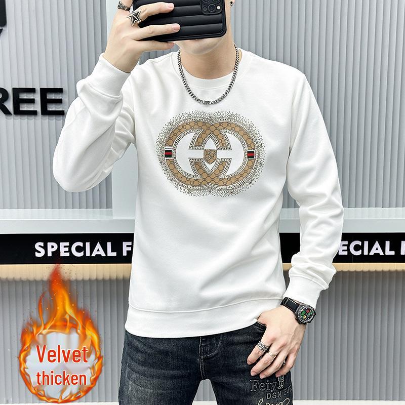 Европейская осенне-зимняя мужская флисовая толстовка высокого класса: Стильный пуловер с длинным рукавом и дизайном из горячих страз