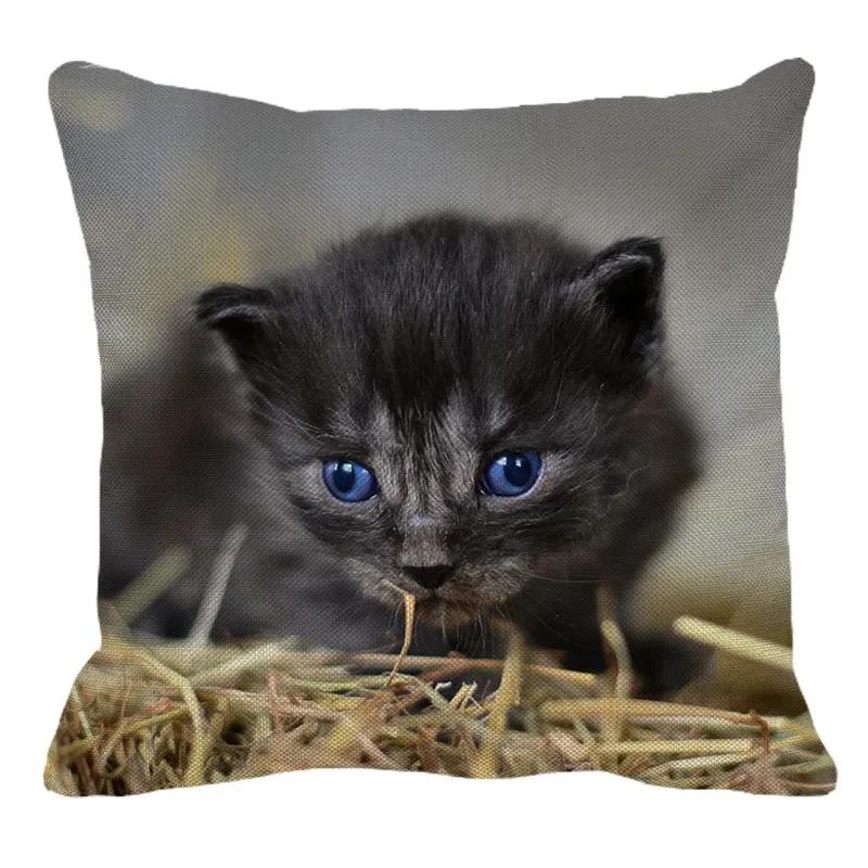 Animal Theme Cat Print Linen Decorative Throw Pillowcase Home Decor Animal Kitty Pillowcase Cushion Cover 45X45Cm