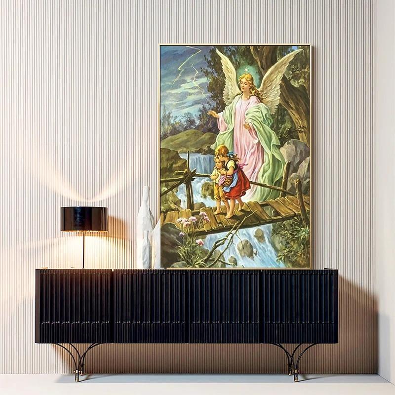 Vintage Guardian Angel Canvas Printmaking Gallery Decoration Angel Mom and Children Living Room Home Canvas Painting Wall Art
