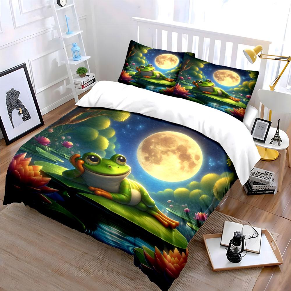 "Frog Relaxing Under Moonlight Scene" kid's and adults' bedroom decor, Exquisite three-piece bedding set gift