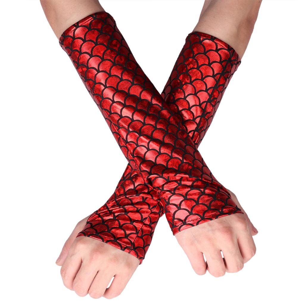 Mermaid Costume Fish Scale Pattern Printed Fingerless Long Gloves Arm Sleeves Adult Halloween Dance Club Party Cosplay Accessory
