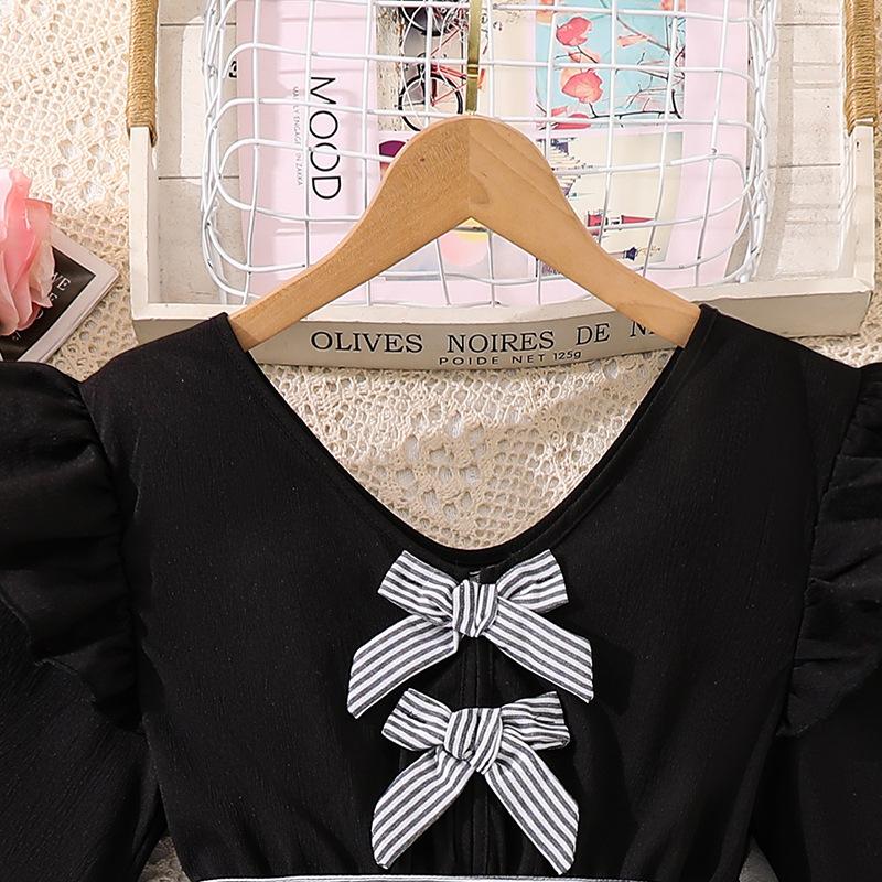 Платье для девочек Детская одежда Осень Новый стиль V-образный вырез Кружево Длинный рукав Лоскутное Полосатое Платье принцессы